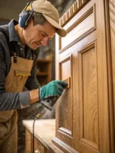 A craftsman carefully sanding a custom-built kitchen cabinet in a well-lit workshop, showcasing the attention to detail in MK Premium Kitchen's carpentry services.