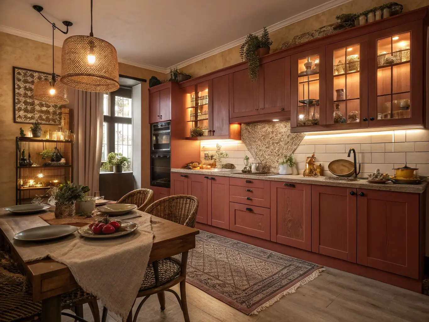 A rustic kitchen with traditional Cypriot design elements, including handcrafted wooden cabinets, stone accents, and warm lighting.