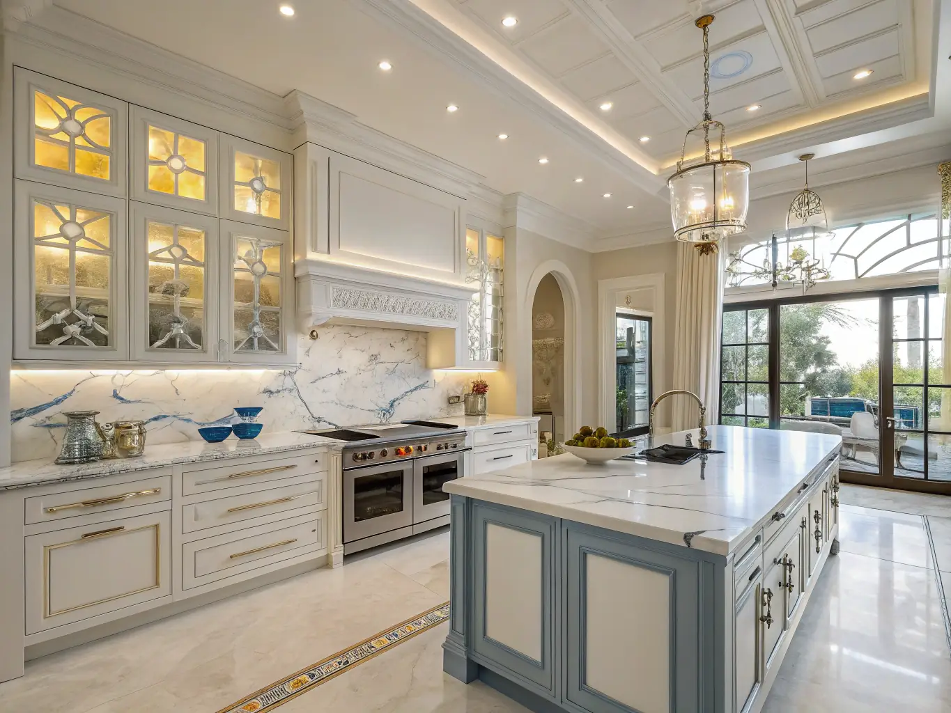 A modern kitchen with sleek Italian-style cabinetry, marble countertops, and stainless steel appliances.